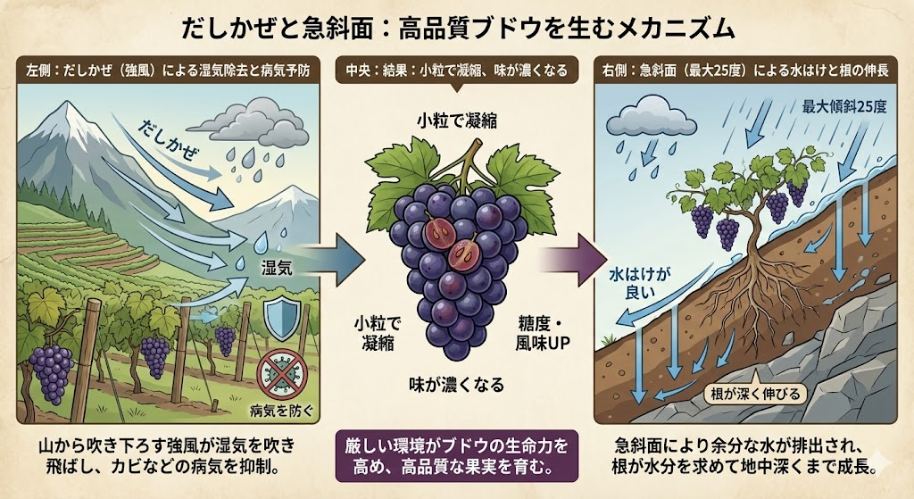 胎内ワイン「だしかぜ」と「急斜面」がブドウに与える好影響のメカニズムを図解してください。