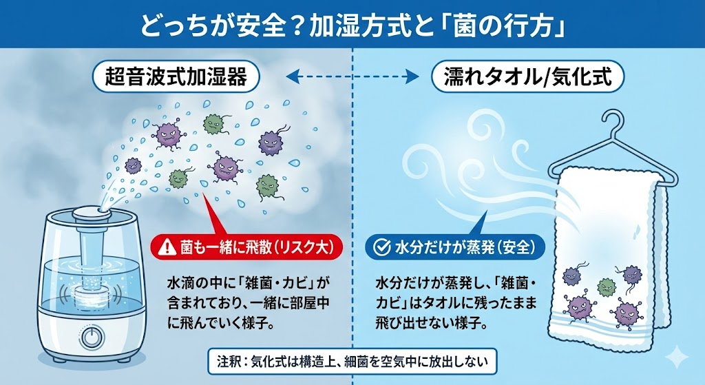 超音波式加湿器は水滴と共に雑菌を飛散させるが、気化式である濡れタオルは水分のみを蒸発させ雑菌を飛散させない構造比較図。