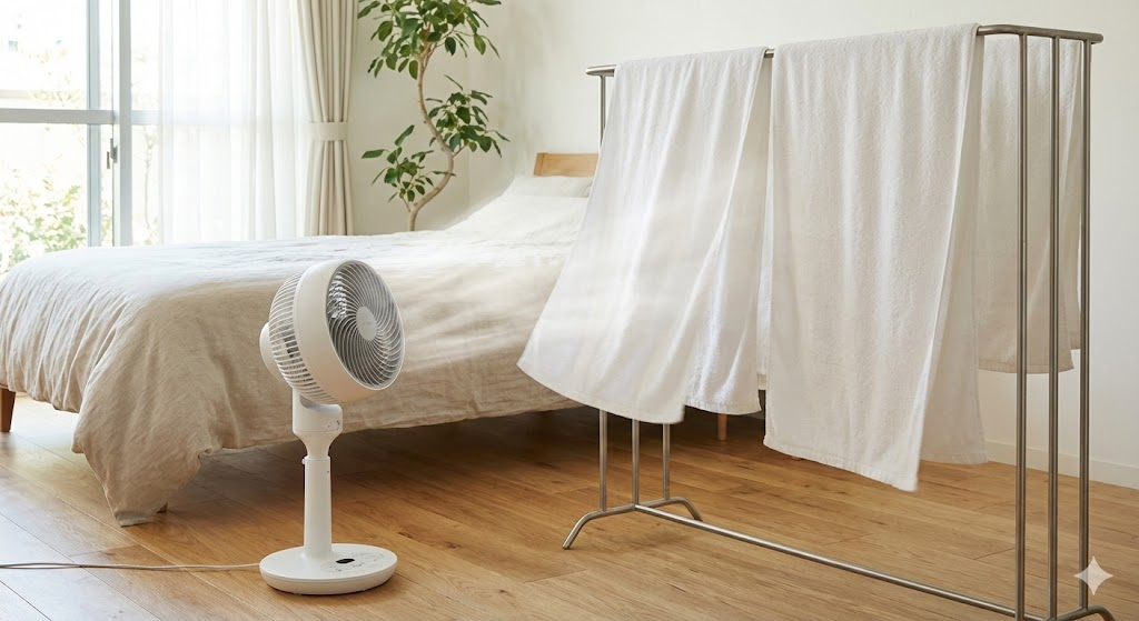 寝室でハンガーに干した濡れタオルにサーキュレーターの風を当てて、強制的に気化させている様子。