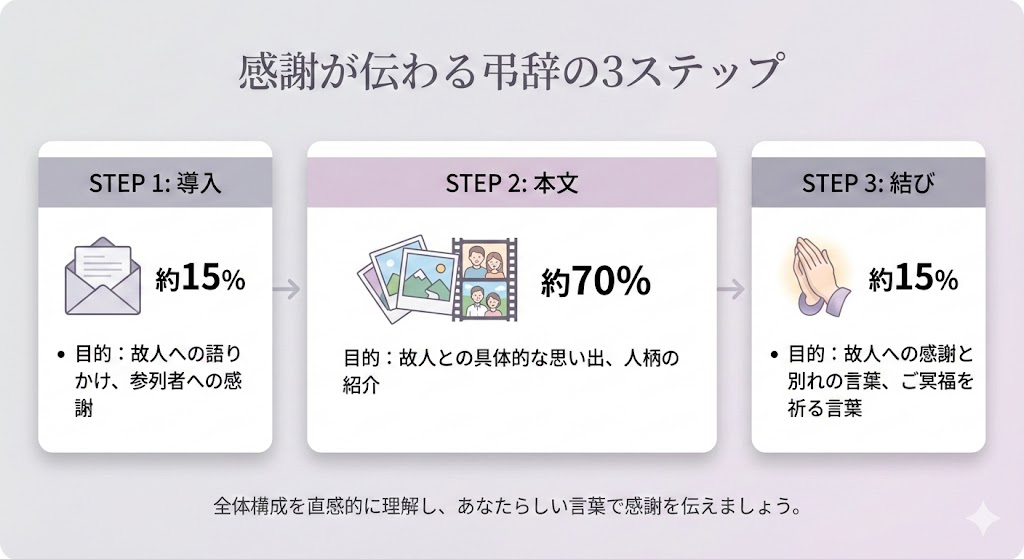 弔辞の構成を示す図解。導入、本文、結びの3ステップで構成される