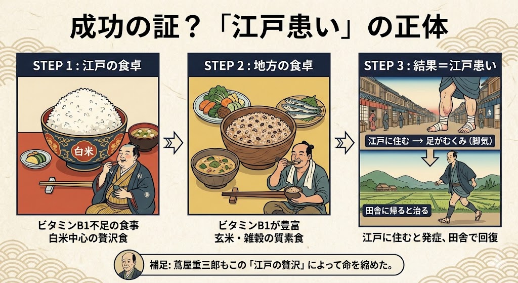 江戸時代の白米中心の食事と脚気（ビタミンB1欠乏症）の関係を示した図解。