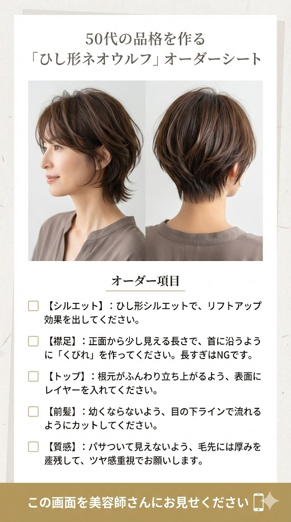美容室で使えるオーダーシート画像。ひし形シルエット、襟足のくびれ、トップのレイヤーなど、吉瀬美智子風ウルフカットにするための具体的な注文内容が記載されている。