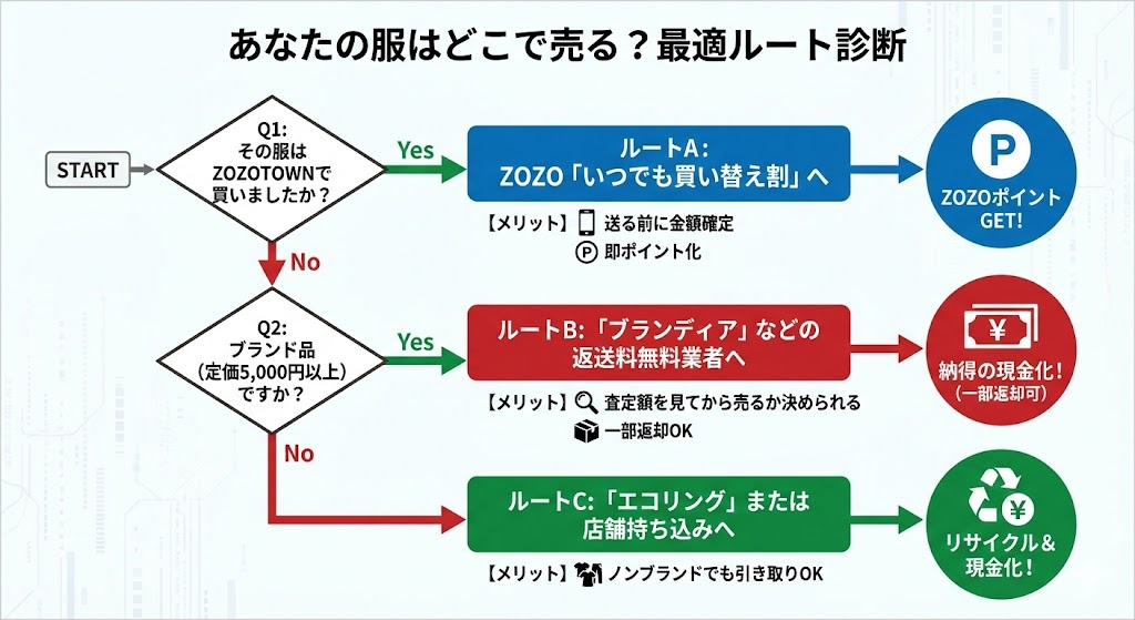 服の購入からの経過年数と買取相場の推移を示したグラフ。定価2万円の服が1年後には2,000円前後、3年後には数百円になる現実を示している。