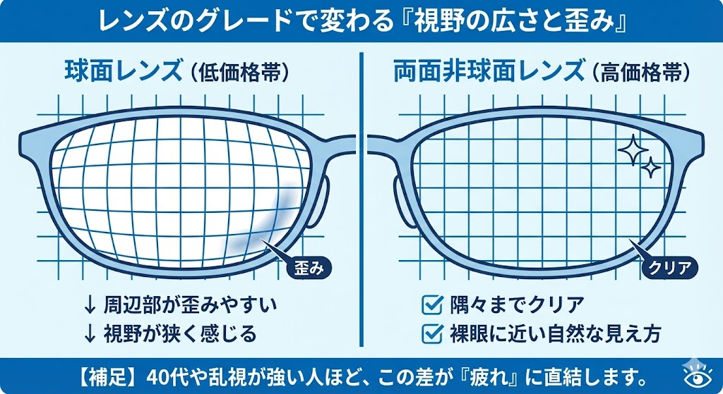 球面レンズと両面非球面レンズの見え方の違いを比較した図。球面レンズは周辺が歪んでいるのに対し、両面非球面レンズは歪みがなくクリアに見える。