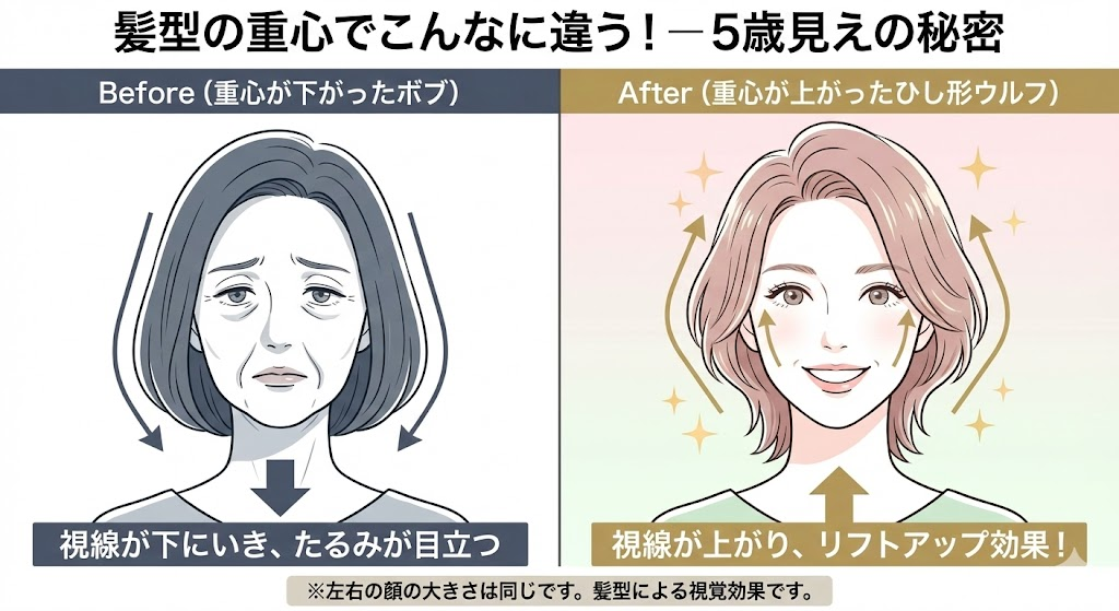 50代女性のイラスト比較。重心が下がったボブヘアは老けて見えるが、ひし形シルエットのウルフカットはリフトアップして若々しく見える様子。